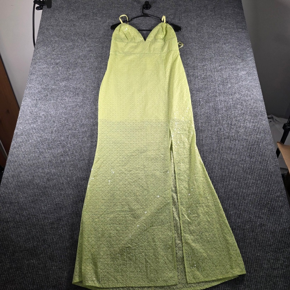 Line and Dot Lime Green Sequin Maxi Dress Side Slit Formal Gown Chartreuse Large
